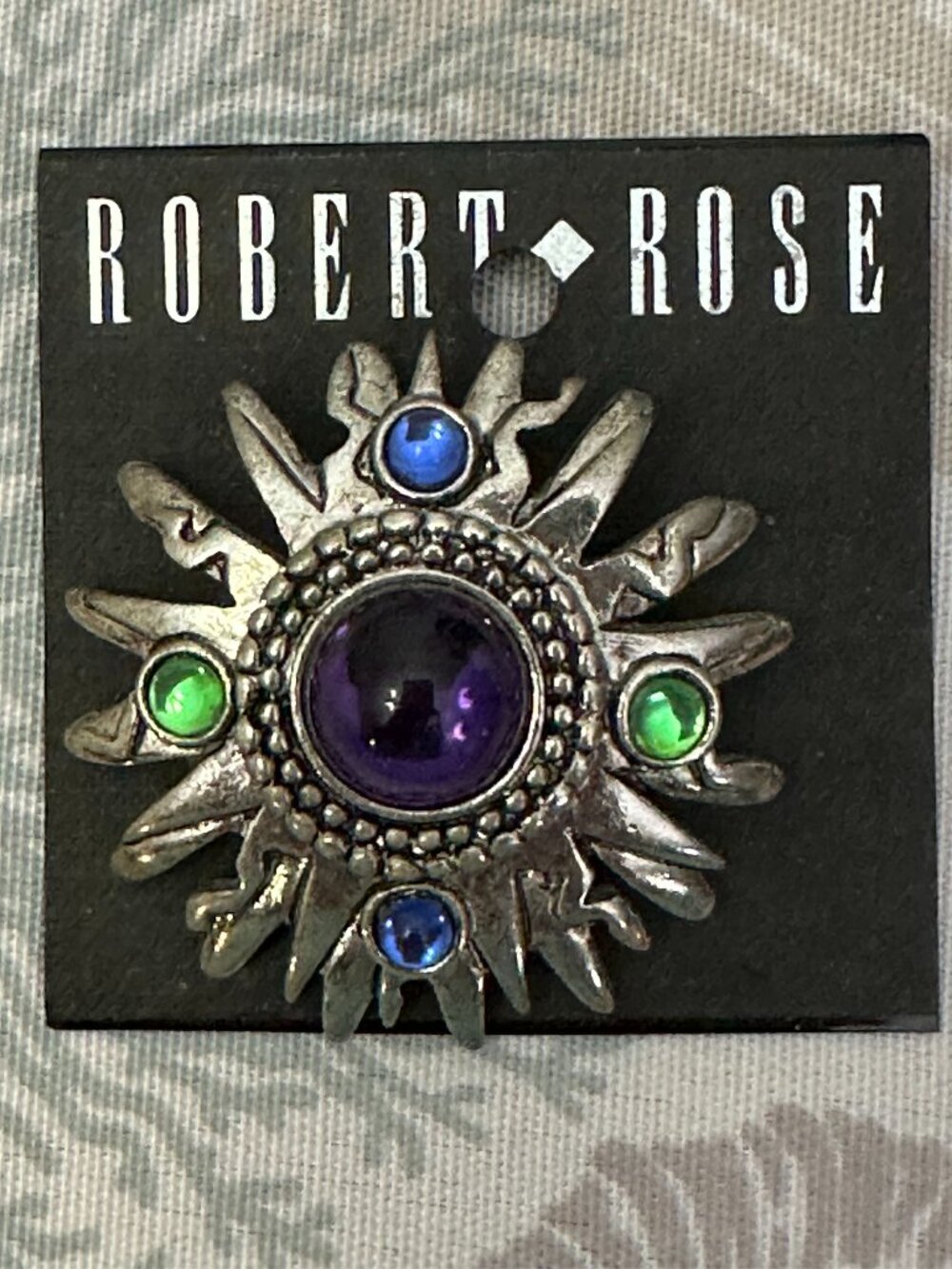 Robert Rose Sunburst Brooch Pin Purple Green Blue Cabochon Statement Silver Tone